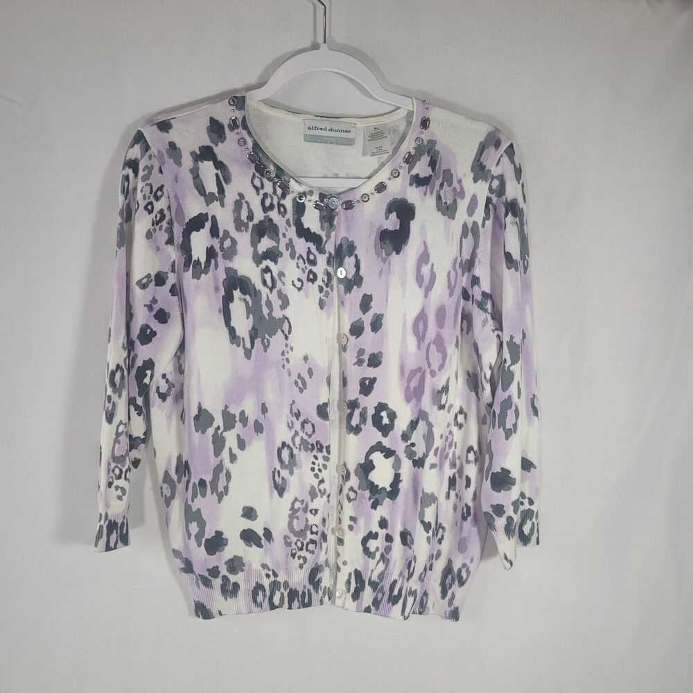 Alfred Dunner Petite Cardigan Sweater Size PL Purple Print Beaded Grandmacore